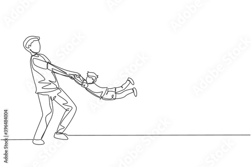 One continuous line drawing of young father raising and spinning his son up in the air at home, family life. Happy parenting concept. Dynamic single line draw design vector graphic illustration