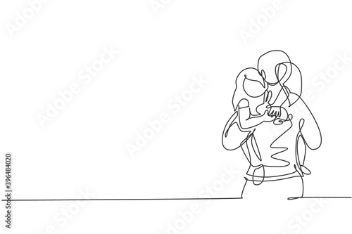 Single continuous line drawing of young mom hugging her sleepy daughter who hold rabbit doll go to the room. Happy family parenting concept. Trendy one line draw design graphic vector illustration