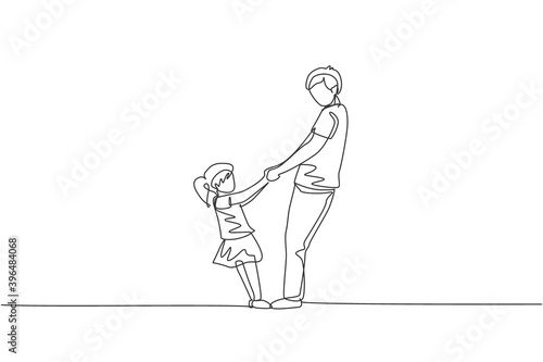 One single line drawing young happy dad and his daughter holding hands and dancing together at home graphic vector illustration. Family parenting education concept. Modern continuous line draw design