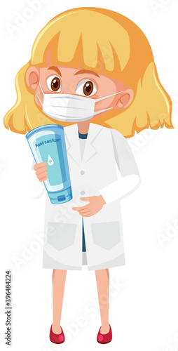 Girl in doctor costume holding hand sanitizer bottle objects isolated on white background