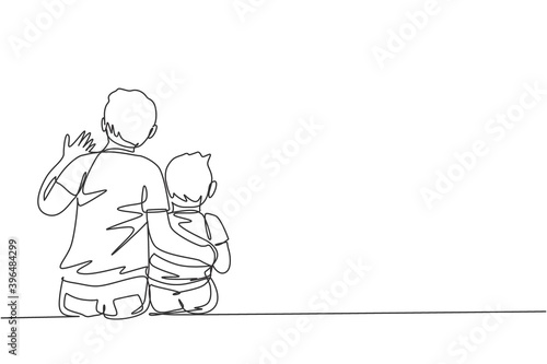 One single line drawing of young happy dad talking with his son about idea and purpose of life at home vector illustration. Parenting education. Family parenthood concept. Continuous line draw design