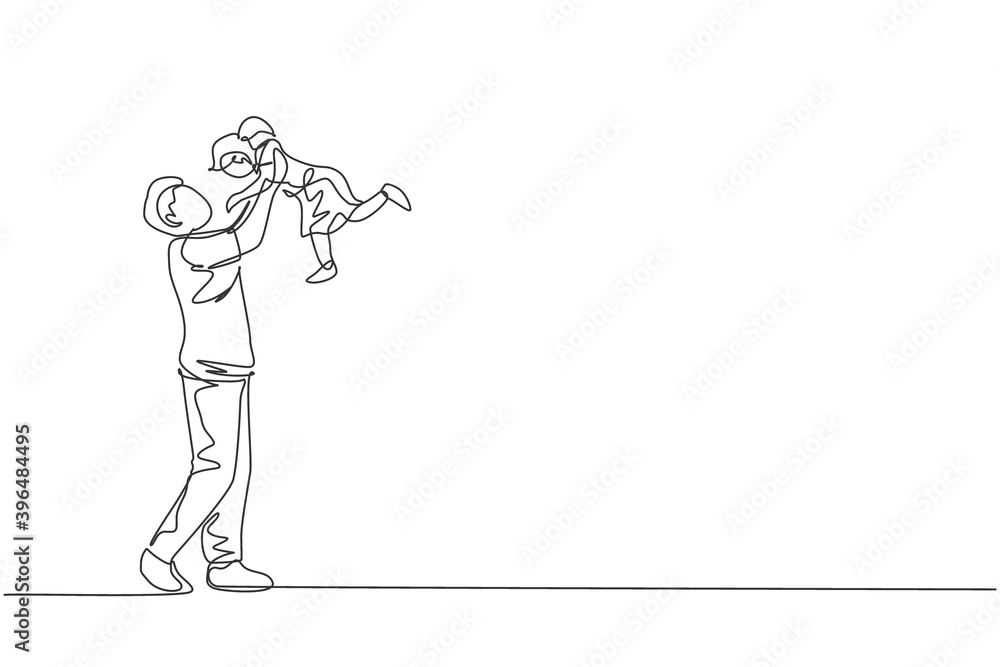 One continuous line drawing of young happy father raising his daughter up in the air, family play together. Happy loving parenting family concept. Dynamic single line draw design vector illustration One continuous line drawing of young happy father raising his daughter up in the air, family play together. Happy loving parenting family concept. Dynamic single line draw design vector illustration