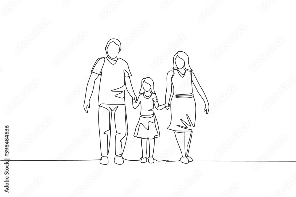 One continuous line drawing of young happy mom and dad lead their ...