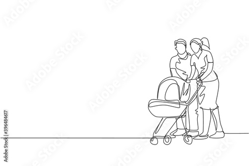 One single line drawing of young happy mother and father pushing baby trolley together ah outdoor park graphic vector illustration. Parenting education concept. Modern continuous line draw design