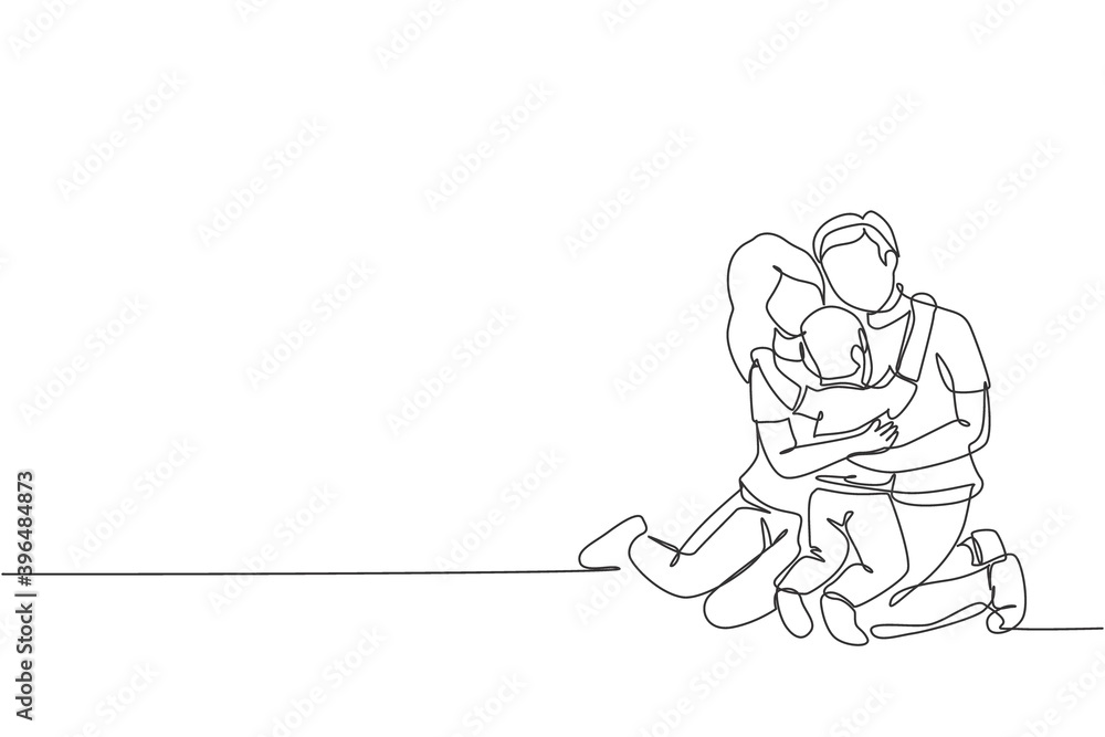 Φωτογραφία Single continuous line drawing of young happy mother and father hugging their lovely son together full of warmth