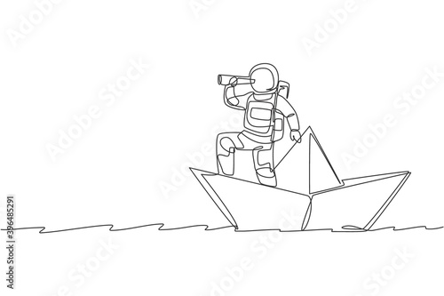 One single line drawing young astronaut look at forward using telescope while standing on paper boat in sea ocean graphic vector illustration. Cosmonaut deep space concept. Continuous line draw design