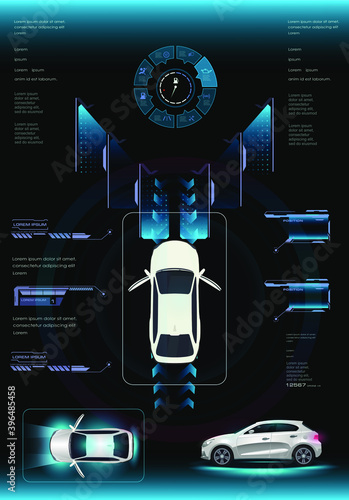 Holographic car user interface with HUD, GUI, UI elements. Futuristic car concept with parameters on the digital HUD interface panel. Car control system tuning. Smart car