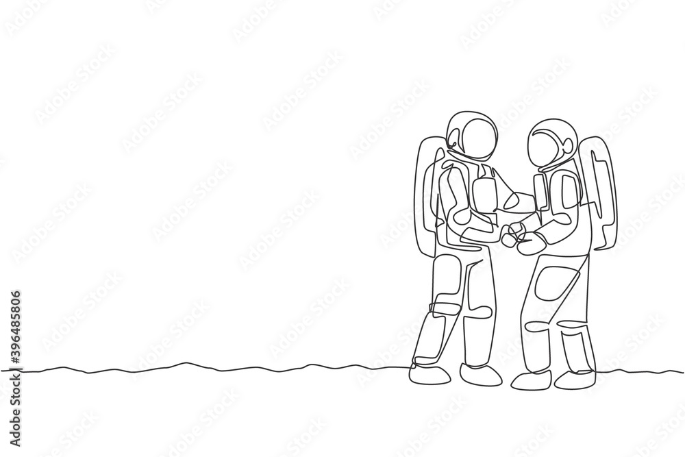 Single continuous line drawing of two young astronauts handshake to deal business agreement in moon surface. Space man cosmic galaxy concept. Trendy one line draw design vector illustration graphic Single continuous line drawing of two young astronauts handshake to deal business agreement in moon surface. Space man cosmic galaxy concept. Trendy one line draw design vector illustration graphic