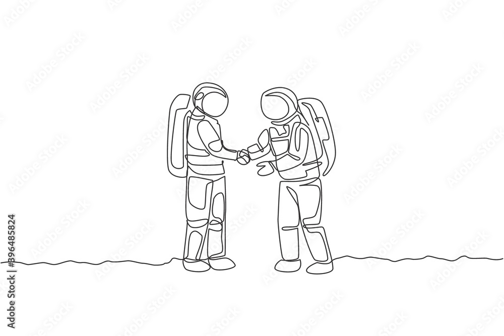 One single line drawing of two young happy astronauts giving handshake to deal project in moon surface vector graphic illustration. Cosmonaut outer space concept. Modern continuous line draw design