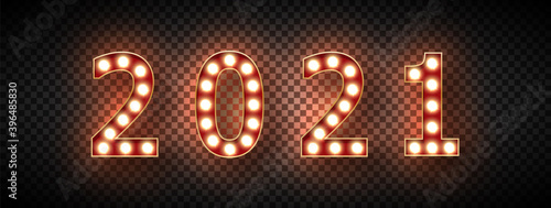 Figures for the new year 2021 with glowing lights along the contour. On a transparent background. Isolated. Gold edging. Additional the volume of each figure gives a shadow. 3D