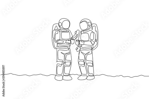 Single continuous line drawing two young astronaut standing and talking while drinking coffee in moon surface. Space man cosmic galaxy concept. Trendy one line draw graphic design vector illustration