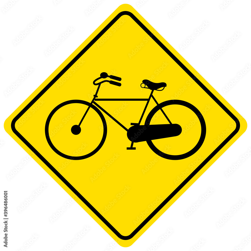 Bicycle traffic warning yellow sign on white background Bicycle traffic warning yellow sign on white background