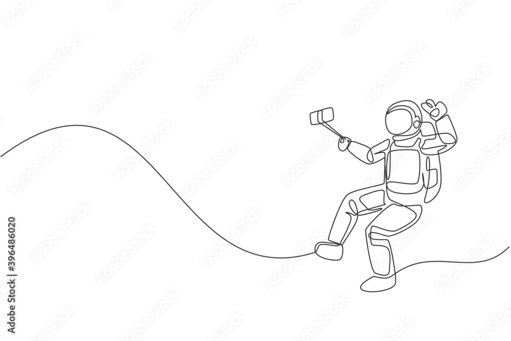 Single continuous line drawing of young astronaut doing selfie shoot while floating in outer space. Space man cosmic galaxy concept. Trendy one line draw graphic design vector illustration Single continuous line drawing of young astronaut doing selfie shoot while floating in outer space. Space man cosmic galaxy concept. Trendy one line draw graphic design vector illustration