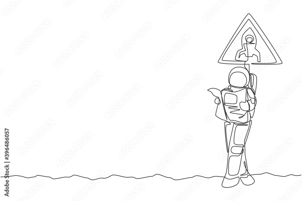 Obraz premium One continuous line drawing of astronaut standing and leaning to sign board while reading newspaper in moon surface. Space man deep space concept. Dynamic single line draw design vector illustration