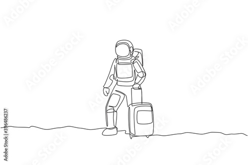 Single continuous line drawing of young astronaut carrying luggage bag want to travel in moon surface. Space man cosmic galaxy concept. Trendy one line draw design graphic vector illustration