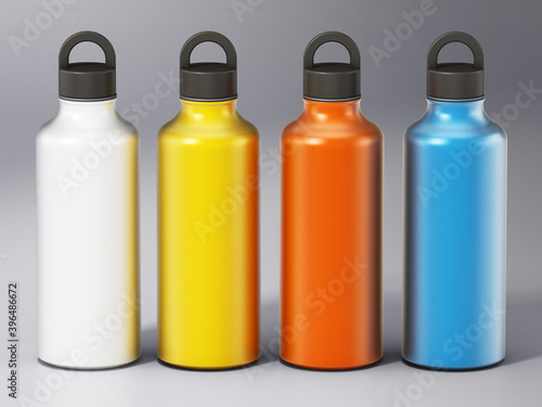 Colored water bottles isolated on gray background. 3D illustration photo