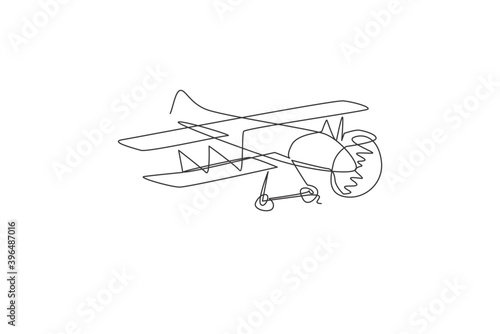 Single continuous line drawing of retro biplane flying on the sky. Airplane vehicle for war concept. Trendy one line draw design vector graphic illustration