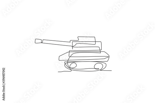Single continuous line drawing of metal war tank with cannon gun, side view. Transportation vehicle concept. Trendy one line draw graphic design vector illustration