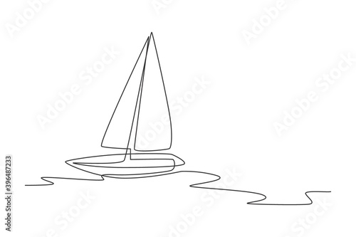 One single line drawing of sail boat sailing on the sea vector illustration. Water transportation vehicle concept. Modern continuous line draw graphic design