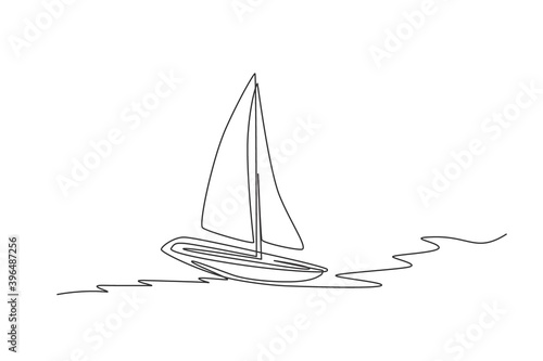 One continuous line drawing of sail boat sailing on the sea. Water transportation vehicle concept. Dynamic single line draw design graphic vector illustration