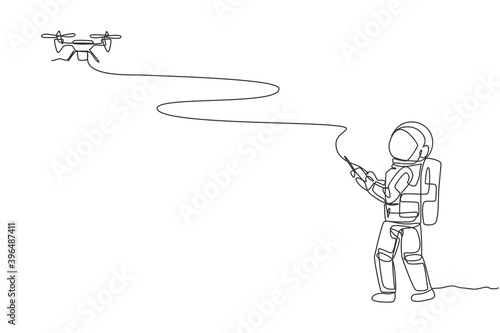 One continuous line drawing of astronaut playing drone plane radio control in moon cosmic galaxy. Outer space hobby and lifestyle concept. Dynamic single line draw design graphic vector illustration