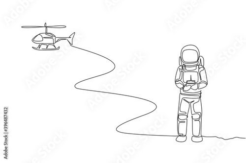 Single continuous line drawing of astronaut playing helicopter radio control in moon surface. Having fun in leisure time on outer space concept. Trendy one line draw design vector graphic illustration