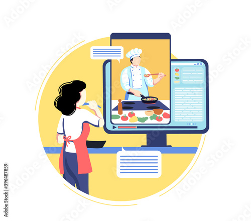 Online cooking education. Woman watch display with video of chef teacher at kitchen, internet culinary master class. Virtual food preparing course with professional cook. Vector