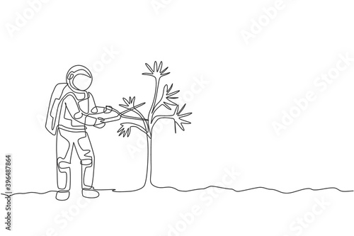 One single line drawing of astronaut cutting tree leaf using gardening scissor in moon surface vector graphic illustration. Outer space gardening concept. Modern continuous line draw design