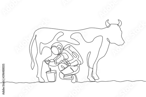 One single line drawing of astronaut squat down milking cow and put into milk can bucket in moon surface graphic vector illustration. Outer space farming concept. Modern continuous line draw design