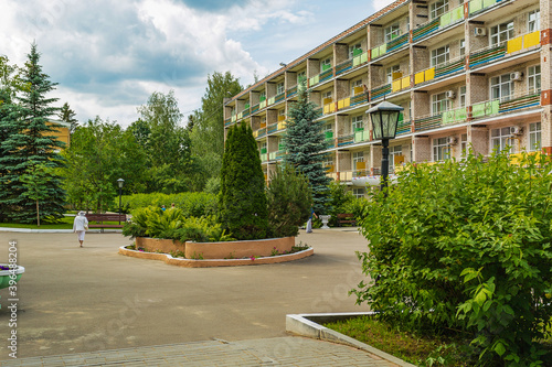 Beautifully decorated corner of nature with buildings