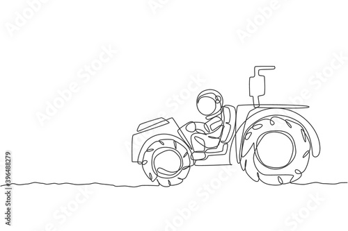 One single line drawing of astronaut riding tractor to leveling and flattening the ground in moon surface vector illustration. Outer space farming concept. Modern continuous line graphic draw design