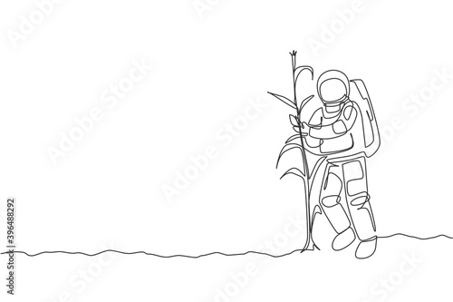 One single line drawing of astronaut picking corn from plant in moon surface vector illustration. Outer space farming harvest concept. Modern continuous line draw design graphic
