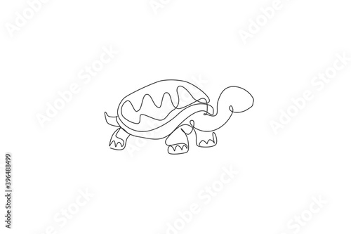 One continuous line drawing of big cute tortoise in Galapagos island. Wild animal national park conservation. Safari zoo concept. Dynamic single line draw design graphic vector illustration