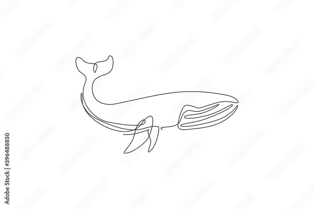 One single line drawing of giant blue whale vector illustration. Protected species in pacific ocean. Gigantic underwater creature concept. Modern continuous line graphic draw design One single line drawing of giant blue whale vector illustration. Protected species in pacific ocean. Gigantic underwater creature concept. Modern continuous line graphic draw design