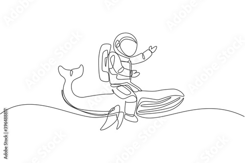 One continuous line drawing of spaceman take a walk riding a blue whale, giant mammal animal in galaxy nebula. Deep space journey concept. Dynamic single line draw design vector illustration graphic
