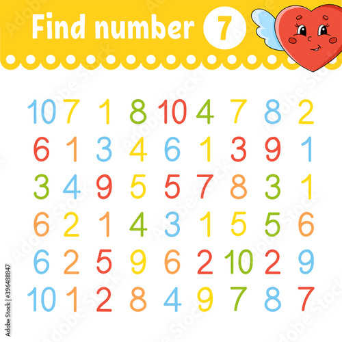 Find number. Education developing worksheet. Activity page with pictures. Game for children. Color isolated vector illustration. Funny character. Cartoon style.