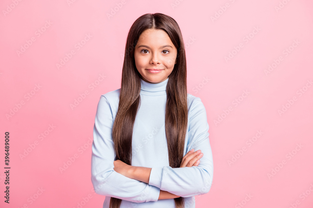 Portrait of pretty cute cheery content brown-haired girl folded arms isolated over pink pastel color background Portrait of pretty cute cheery content brown-haired girl folded arms isolated over pink pastel color background