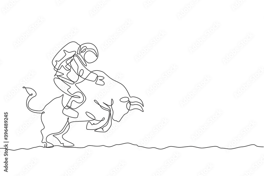 One single line drawing of astronaut riding angry bull, wild animal in moon surface vector graphic illustration. Cosmonaut safari journey concept. Modern continuous line draw design One single line drawing of astronaut riding angry bull, wild animal in moon surface vector graphic illustration. Cosmonaut safari journey concept. Modern continuous line draw design