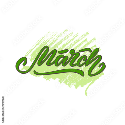 Vector illustration of March lettering for banner, signage, poster, greeting card, shop advertisement, souvenirs, calendar design. Handwritten green isolated word