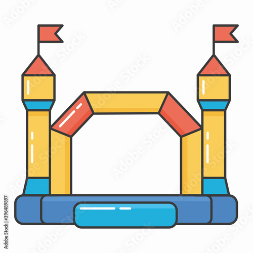Bouncy inflatable castle. Tower and equipment for child playground. Vector color line illustration