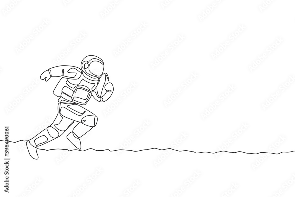 One continuous line drawing of astronaut practicing American football in deep space galaxy. Spaceman healthy fitness sport concept. Dynamic single line draw design vector illustration graphic