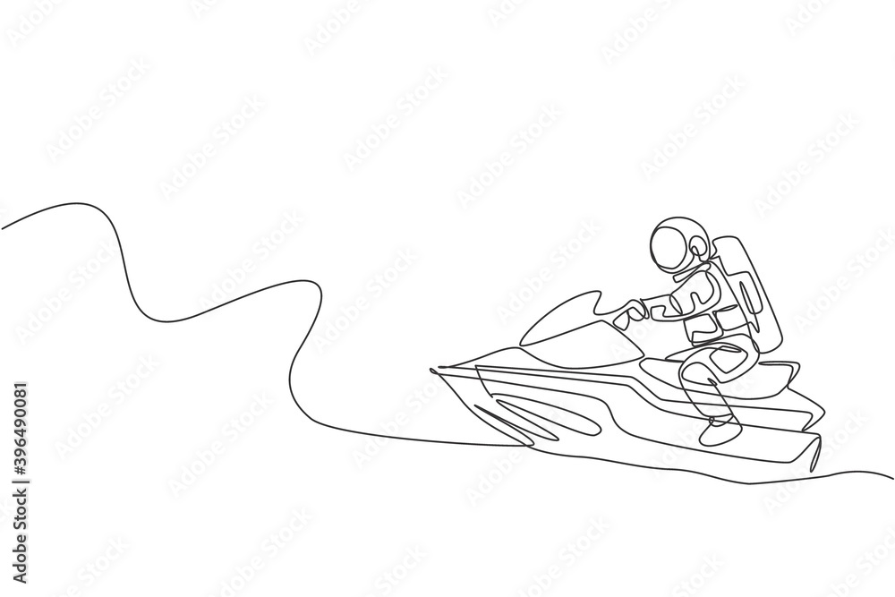 Single continuous line drawing of astronaut exercise jetski on moon surface, outer deep space. Space astronomy galaxy sport concept. Trendy one line draw graphic design vector illustration