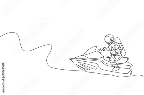 Single continuous line drawing of astronaut exercise jetski on moon surface, outer deep space. Space astronomy galaxy sport concept. Trendy one line draw graphic design vector illustration