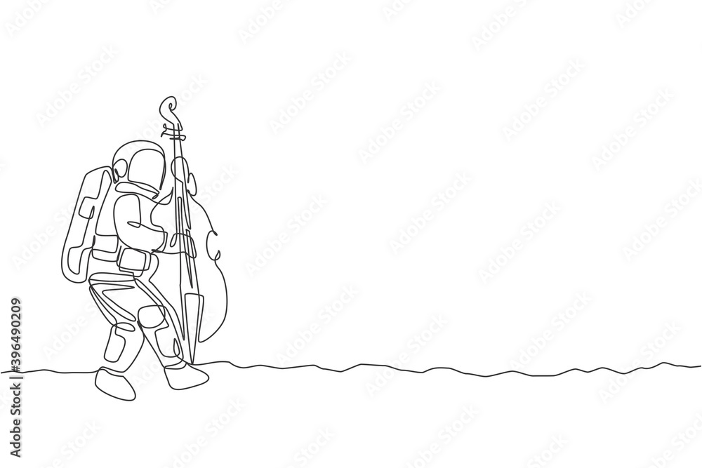 Single continuous line drawing of astronaut cellist playing cello musical instrument on moon surface. Outer space music concert concept. Trendy one line draw design vector graphic illustration