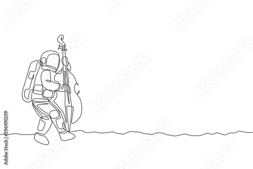 Single continuous line drawing of astronaut cellist playing cello musical instrument on moon surface. Outer space music concert concept. Trendy one line draw design vector graphic illustration
