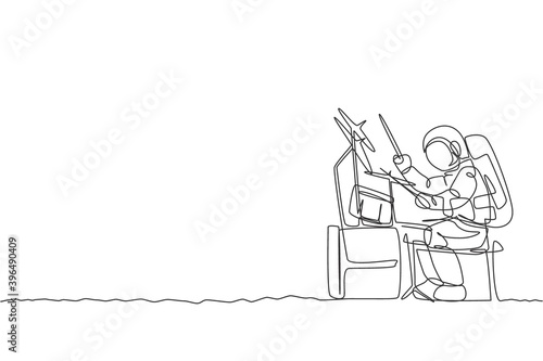 One single line drawing of spaceman drummer playing drum set musical instrument on moon surface vector illustration. Music concert poster, space astronaut concept. Modern continuous line draw design