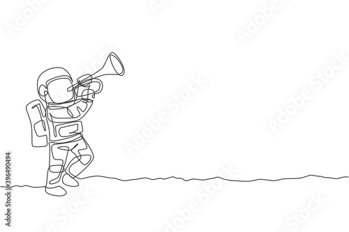 One single line drawing spaceman playing trumpet musical instrument in moon surface graphic vector illustration. Music concert poster with space astronaut concept. Modern continuous line draw design
