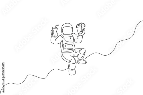One single line drawing of astronaut flying in cosmos galaxy while holding soft soda drink and french fries vector illustration. Fantasy outer space life concept. Modern continuous line draw design