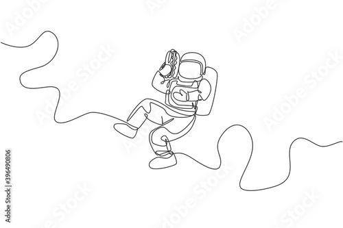 Single continuous line drawing of spaceman holding and eating delicious hot dog in nebula galaxy. Fantasy fiction of outer space life concept. Trendy one line draw graphic design vector illustration