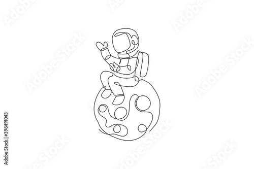 One continuous line drawing of cosmonaut exploring outer space. Astronaut sitting on full moon. Fantasy cosmic galaxy discovery concept. Dynamic single line draw design vector graphic illustration